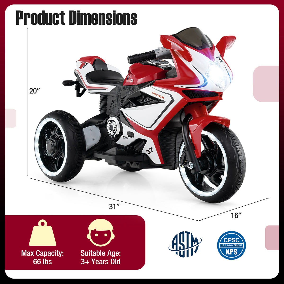 Kids Ride on Motorcycle 6V Battery Powered Mini Electric Motorbike with LED Lights-Red