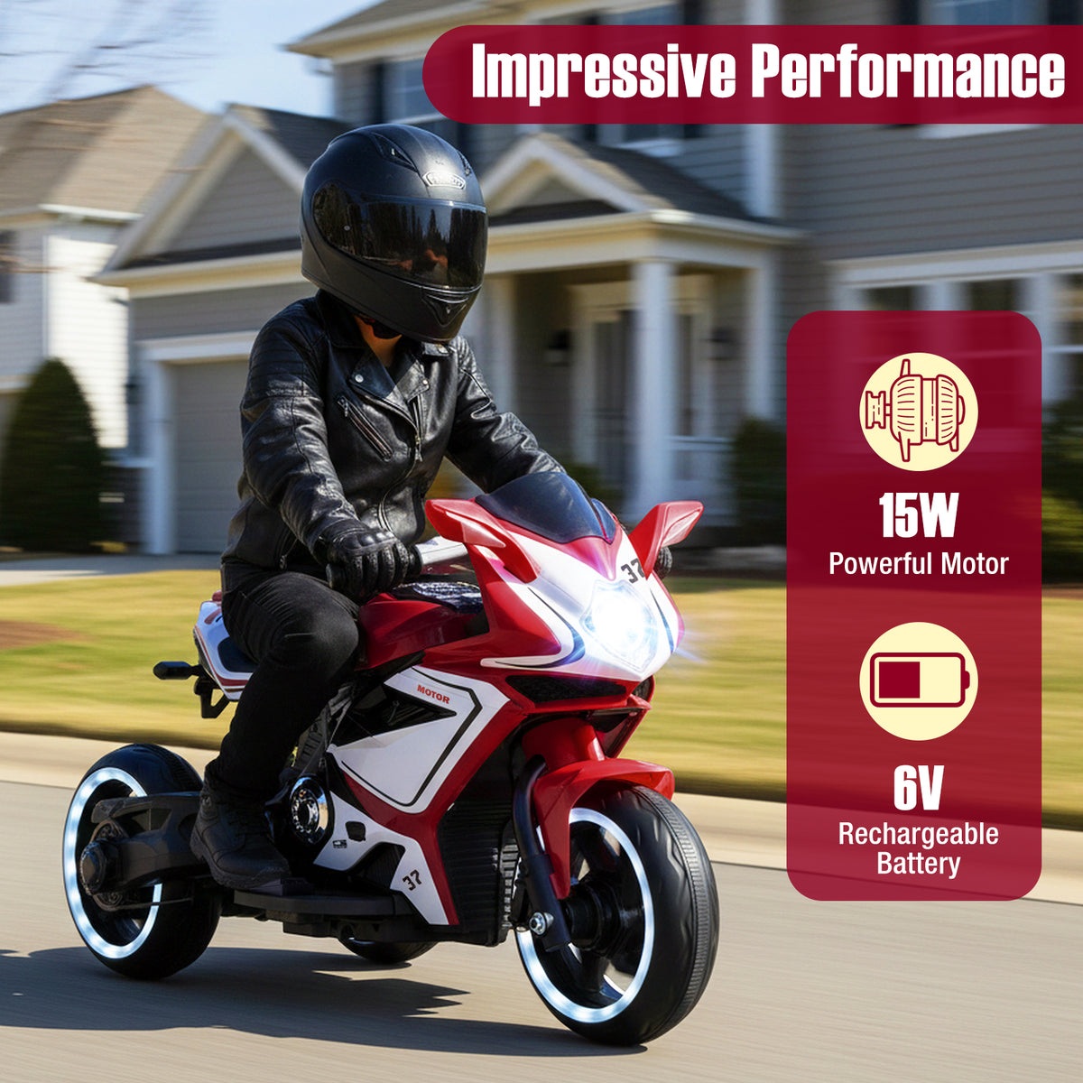 Kids Ride on Motorcycle 6V Battery Powered Mini Electric Motorbike with LED Lights-Red