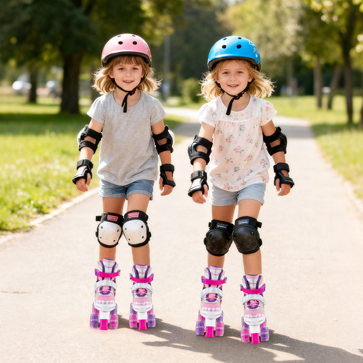 Kids Roller Skates 4 Sizes Adjustable Quad Skates with Light-up Wheels and Safety Protection-Rose Red