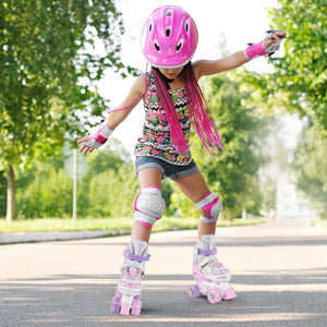 Kids Roller Skates 4 Sizes Adjustable Quad Skates with Light-up Wheels and Safety Protection-Pink