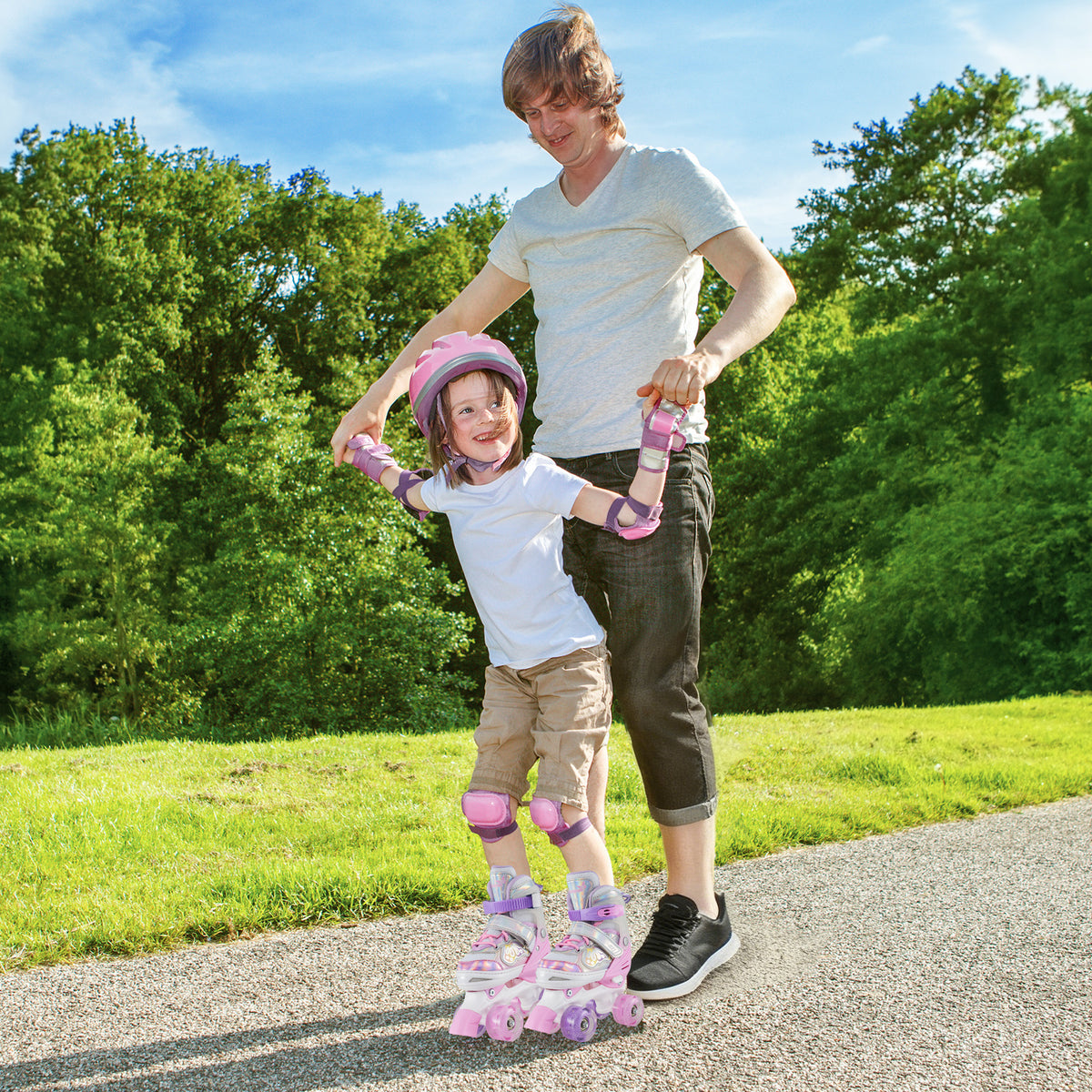 Kids Roller Skates 4 Sizes Adjustable Quad Skates with Light-up Wheels and Safety Protection-Pink