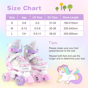 Kids Roller Skates 4 Sizes Adjustable Quad Skates with Light-up Wheels and Safety Protection-Pink
