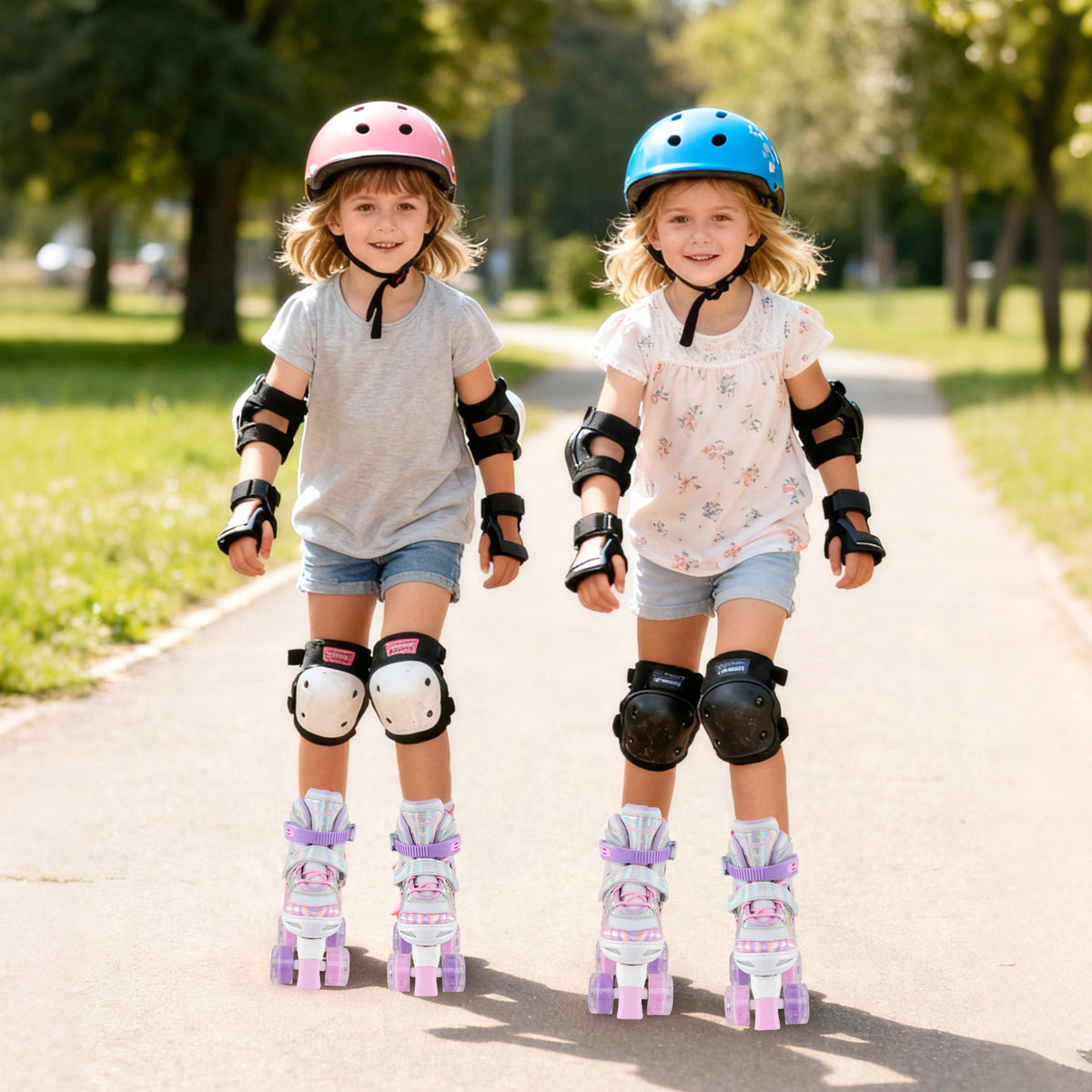 Kids Roller Skates 4 Sizes Adjustable Quad Skates with Light-up Wheels and Safety Protection-Pink