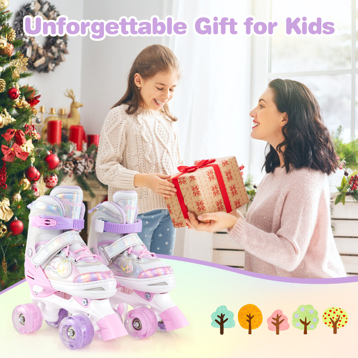 Kids Roller Skates 4 Sizes Adjustable Quad Skates with Light-up Wheels and Safety Protection-Pink