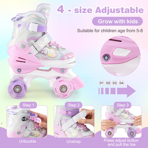 Kids Roller Skates 4 Sizes Adjustable Quad Skates with Light-up Wheels and Safety Protection-Pink