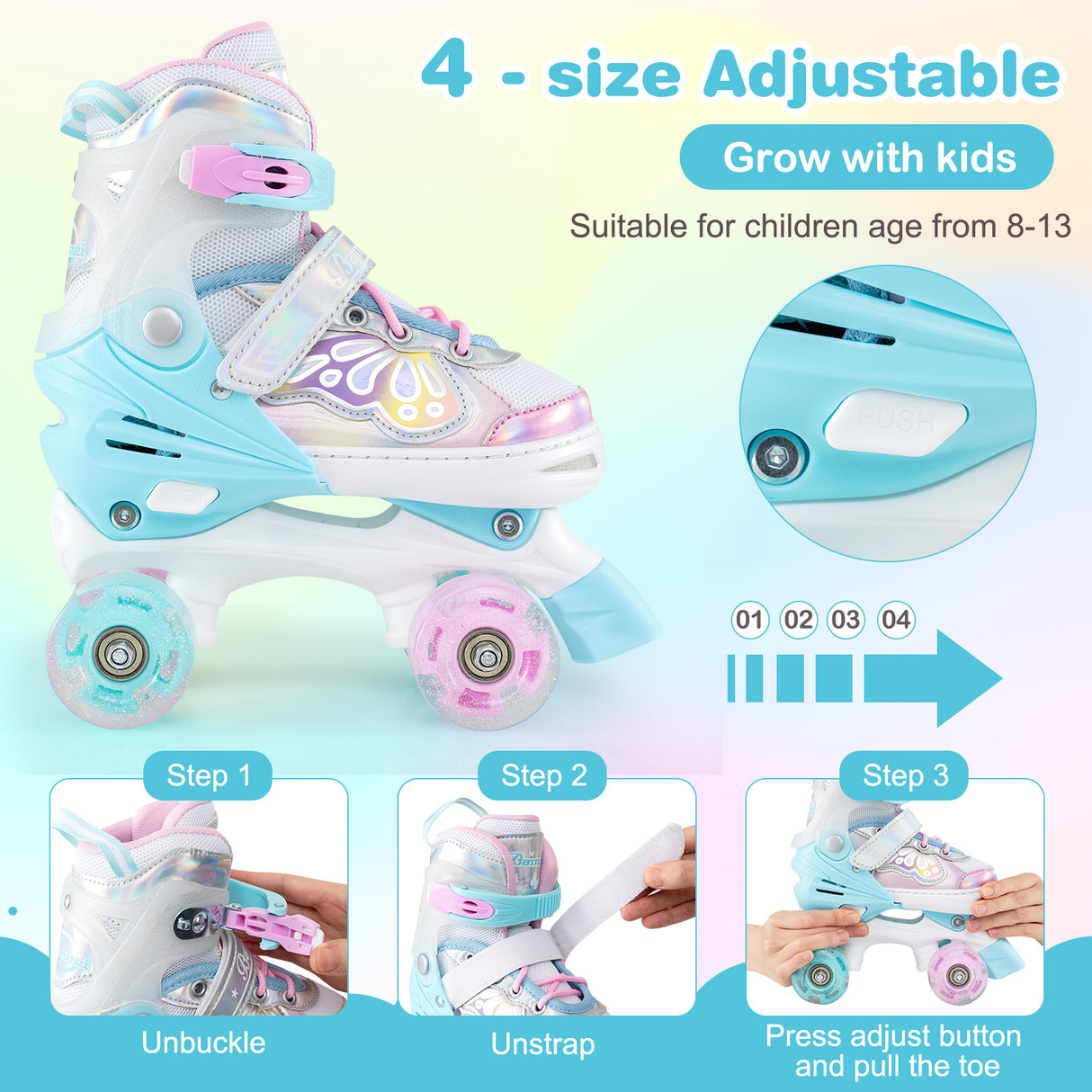 Kids Roller Skates 4 Sizes Adjustable Quad Skates with Light-up Wheels-Navy