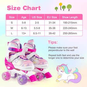Kids Roller Skates 4 Sizes Adjustable Quad Skates with Light-up Wheels-Rose Red