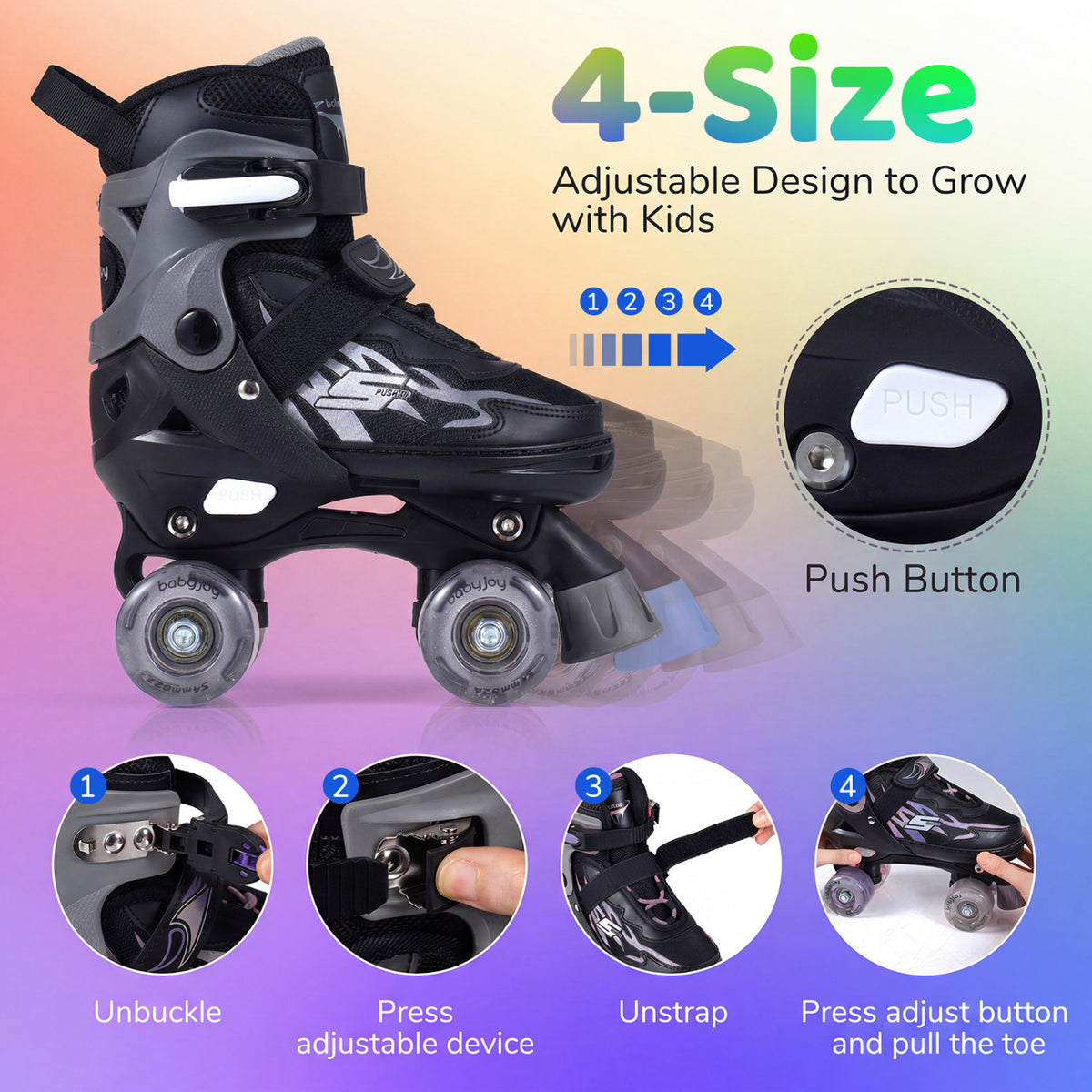 Kids Roller Skates for Girls Boys 4 Sizes Adjustable Quad Skates with Light-up Wheels-Black