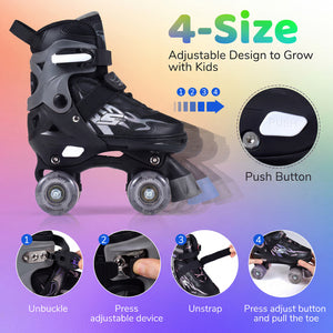 Kids Roller Skates for Girls Boys 4 Sizes Adjustable Quad Skates with Light-up Wheels-Black