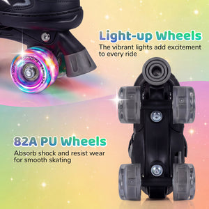 Kids Roller Skates for Girls Boys 4 Sizes Adjustable Quad Skates with Light-up Wheels-Black