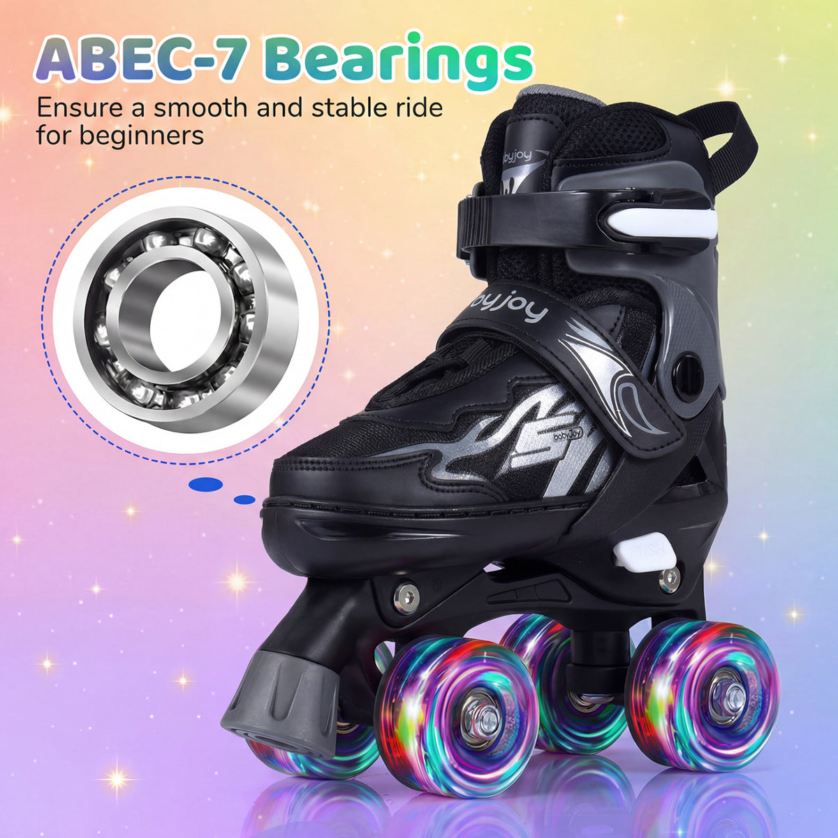 Kids Roller Skates for Girls Boys 4 Sizes Adjustable Quad Skates with Light-up Wheels-Black