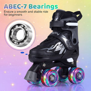 Kids Roller Skates for Girls Boys 4 Sizes Adjustable Quad Skates with Light-up Wheels-Black