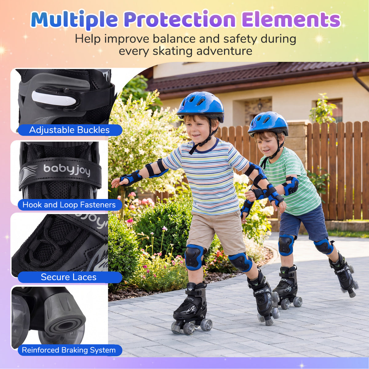 Kids Roller Skates for Girls Boys 4 Sizes Adjustable Quad Skates with Light-up Wheels-Black
