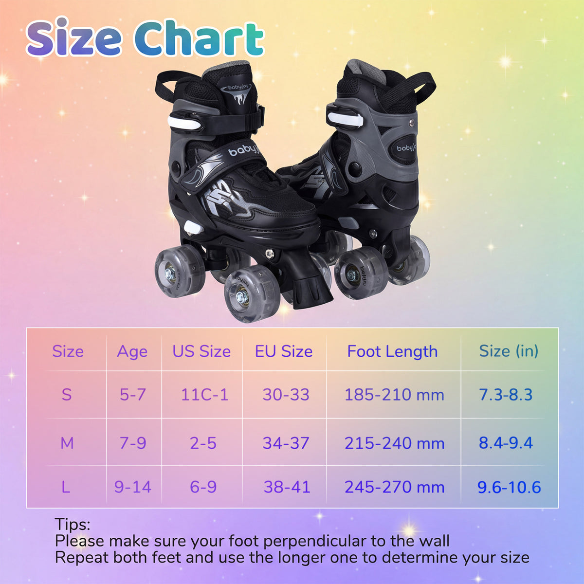 Kids Roller Skates for Girls Boys 4 Sizes Adjustable Quad Skates with Light-up Wheels-Black