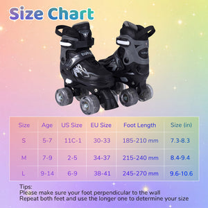 Kids Roller Skates for Girls Boys 4 Sizes Adjustable Quad Skates with Light-up Wheels-Black