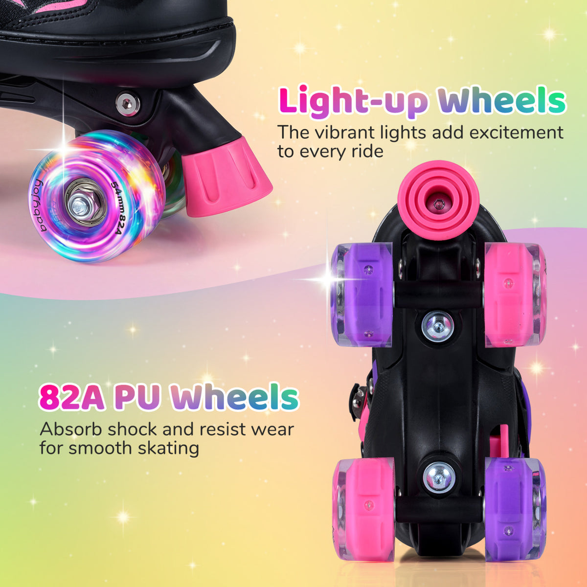 Kids Roller Skates for Girls Boys 4 Sizes Adjustable Quad Skates with Light-up Wheels-Pink