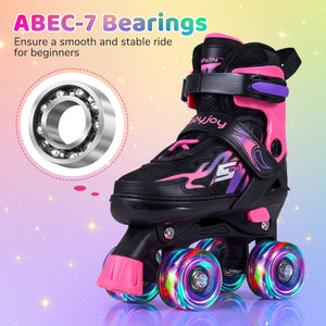 Kids Roller Skates for Girls Boys 4 Sizes Adjustable Quad Skates with Light-up Wheels-Pink