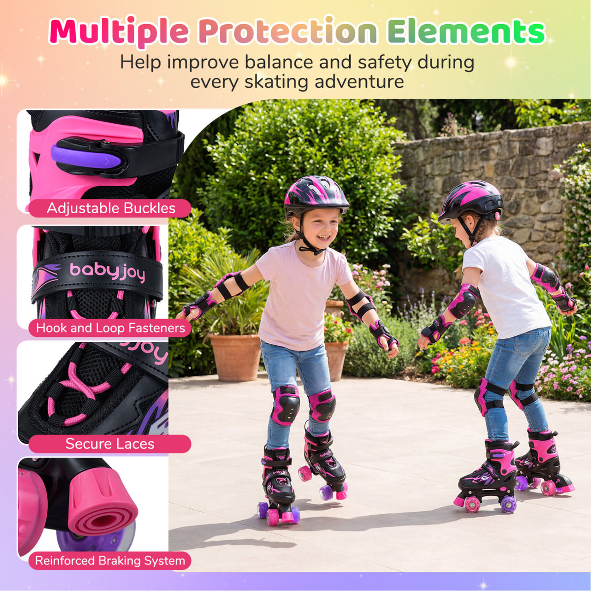 Kids Roller Skates for Girls Boys 4 Sizes Adjustable Quad Skates with Light-up Wheels-Pink