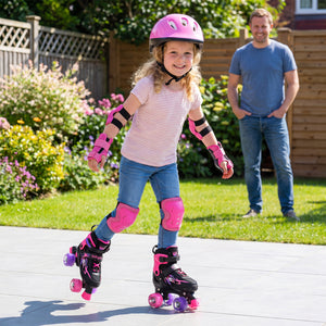 Kids Roller Skates for Girls Boys 4 Sizes Adjustable Quad Skates with Light-up Wheels-Pink