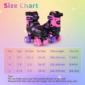 Kids Roller Skates for Girls Boys 4 Sizes Adjustable Quad Skates with Light-up Wheels-Pink