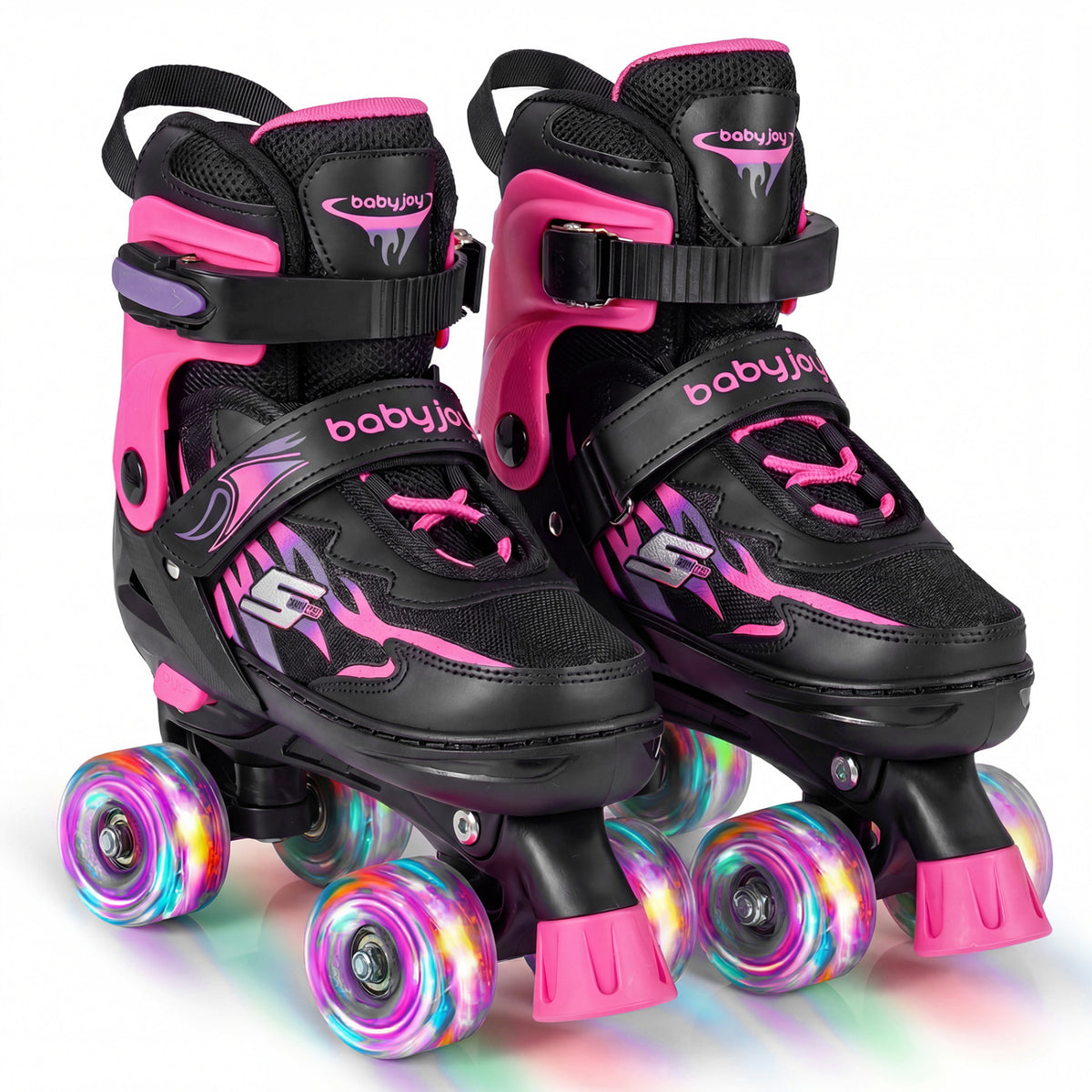 Kids Roller Skates for Girls Boys 4 Sizes Adjustable Quad Skates with Light-up Wheels for Outdoor-Pink