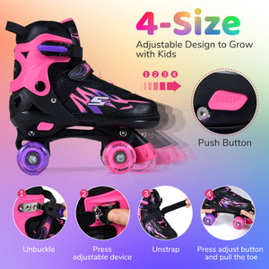 Kids Roller Skates for Girls Boys 4 Sizes Adjustable Quad Skates with Light-up Wheels for Outdoor-Pink