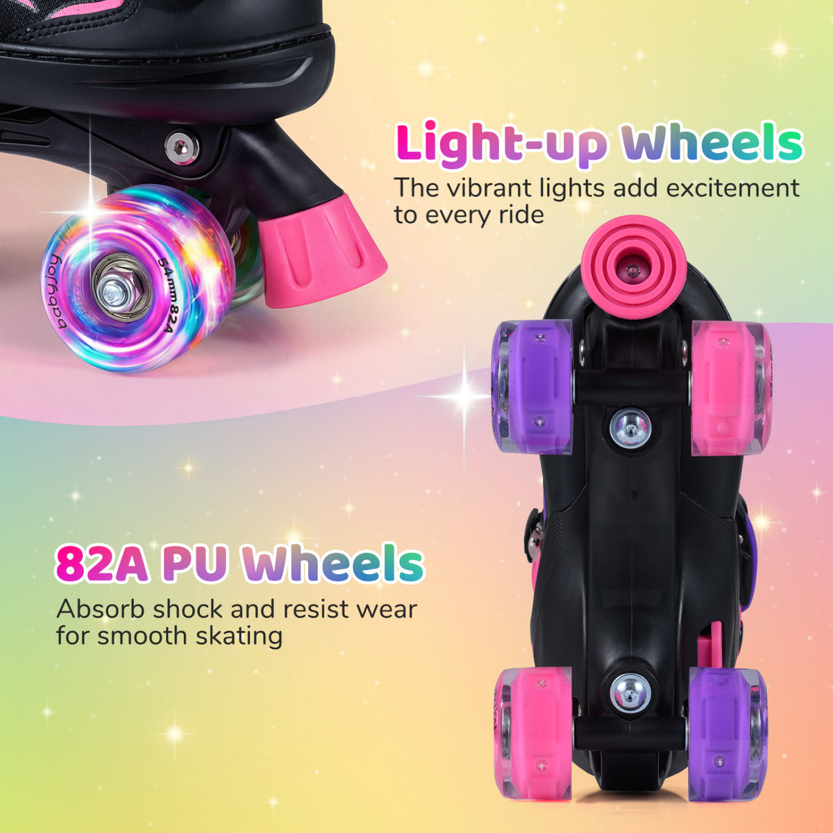 Kids Roller Skates for Girls Boys 4 Sizes Adjustable Quad Skates with Light-up Wheels for Outdoor-Pink