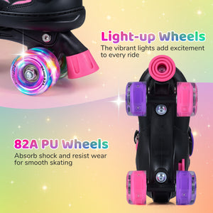 Kids Roller Skates for Girls Boys 4 Sizes Adjustable Quad Skates with Light-up Wheels for Outdoor-Pink