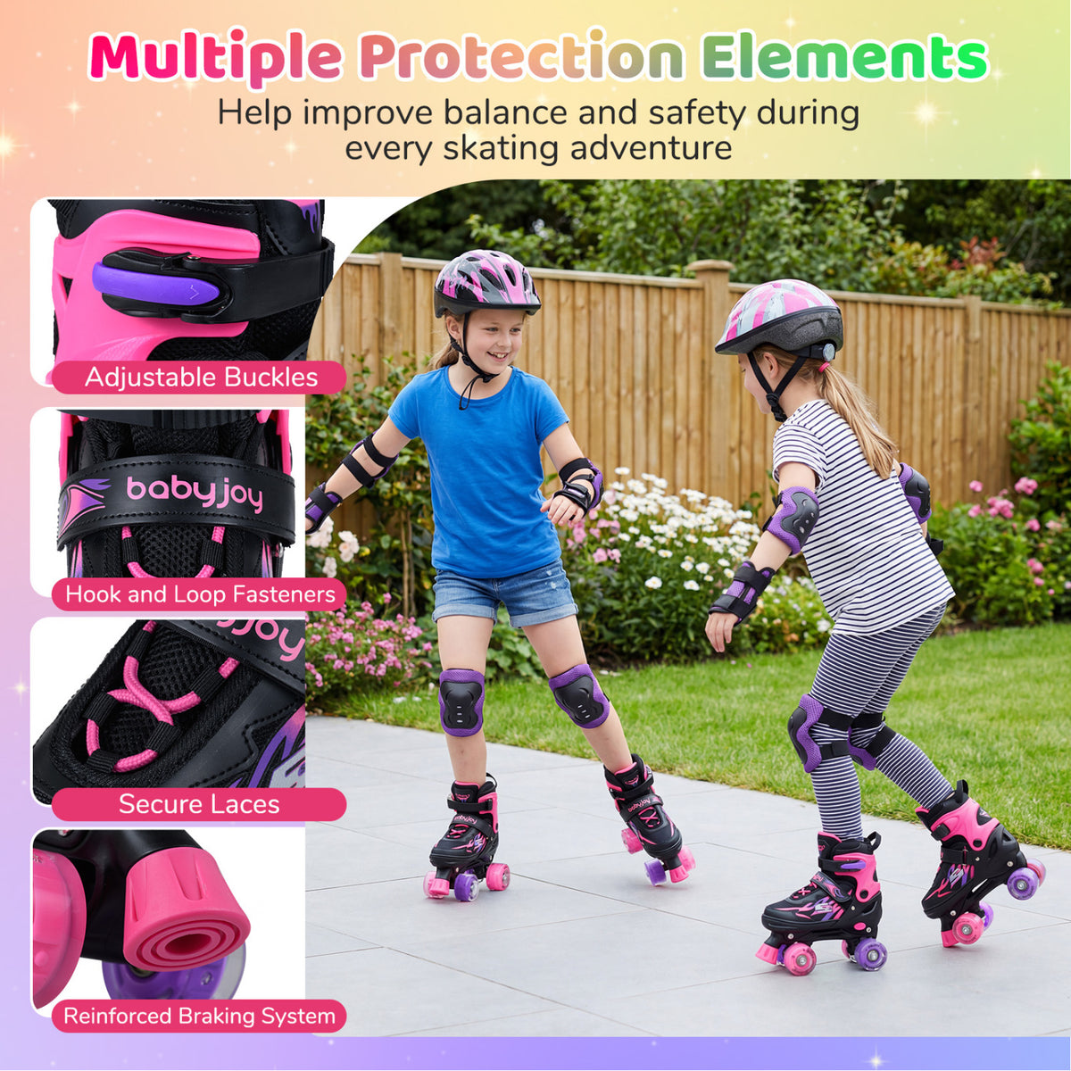Kids Roller Skates for Girls Boys 4 Sizes Adjustable Quad Skates with Light-up Wheels for Outdoor-Pink