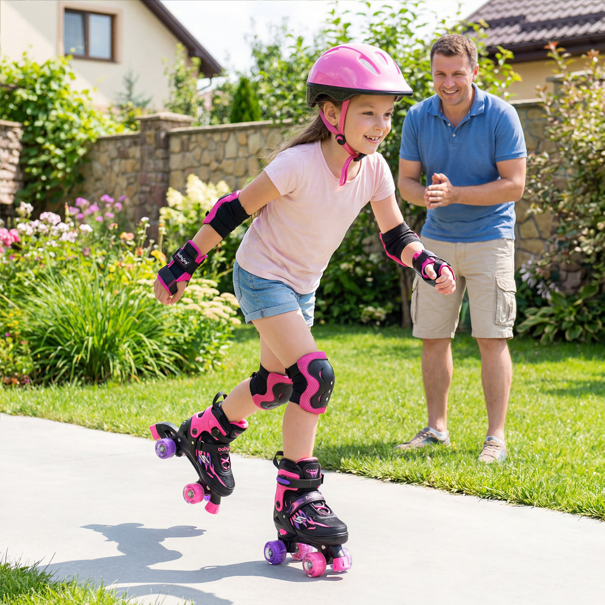 Kids Roller Skates for Girls Boys 4 Sizes Adjustable Quad Skates with Light-up Wheels for Outdoor-Pink