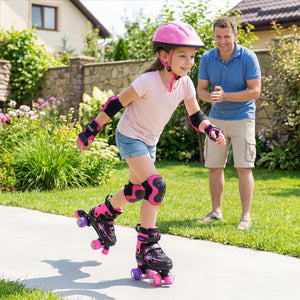 Kids Roller Skates for Girls Boys 4 Sizes Adjustable Quad Skates with Light-up Wheels for Outdoor-Pink