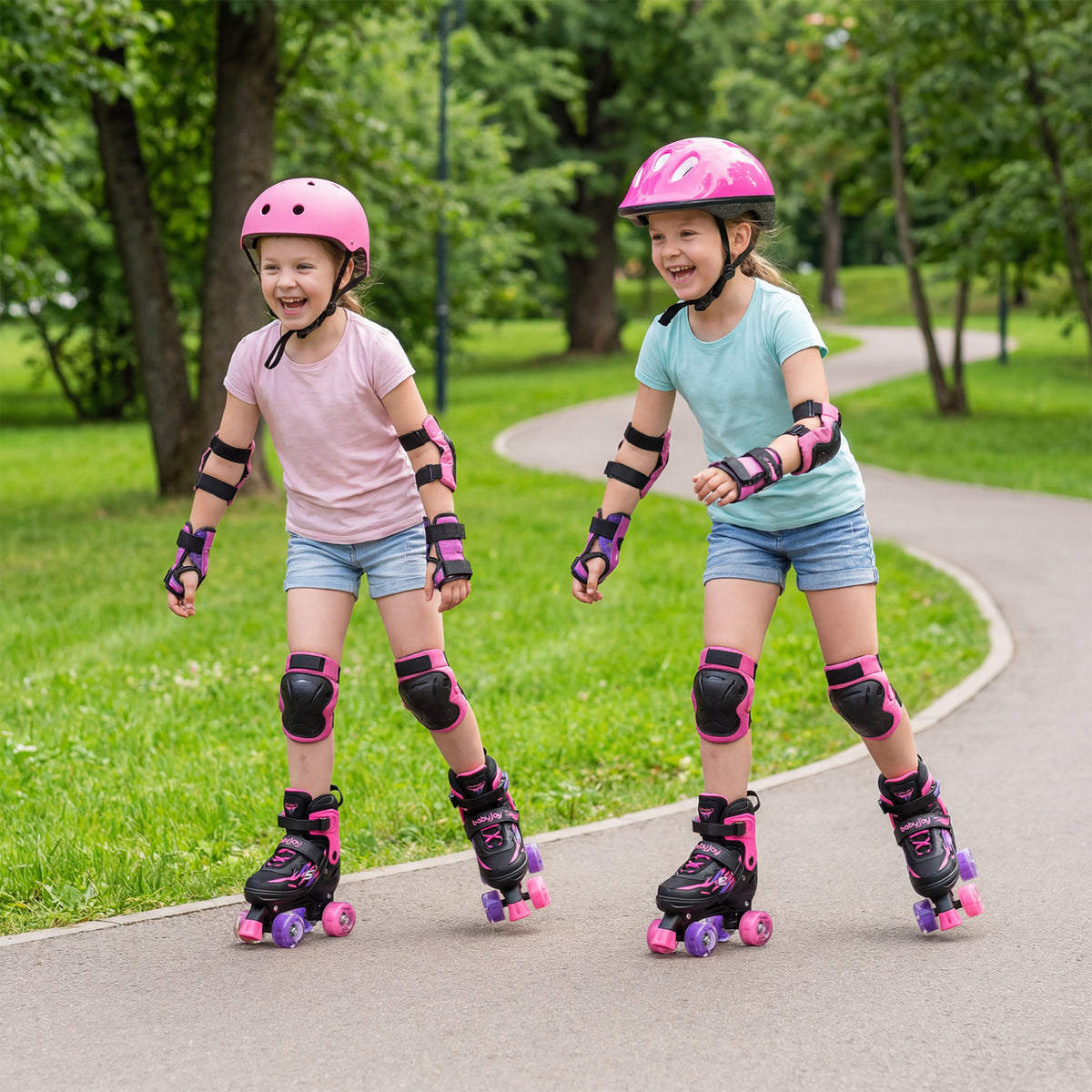 Kids Roller Skates for Girls Boys 4 Sizes Adjustable Quad Skates with Light-up Wheels for Outdoor-Pink
