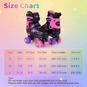 Kids Roller Skates for Girls Boys 4 Sizes Adjustable Quad Skates with Light-up Wheels for Outdoor-Pink