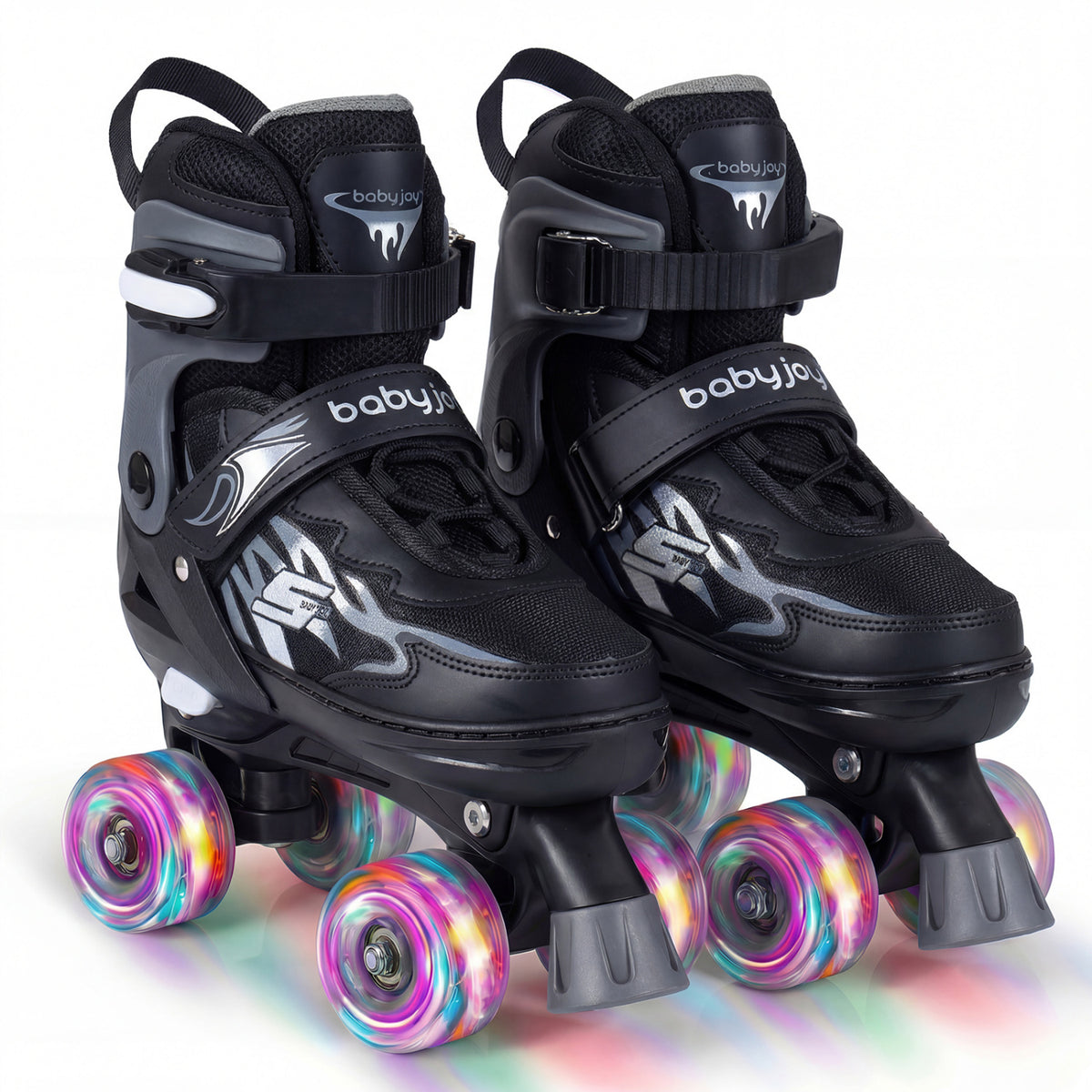 Kids Roller Skates for Girls Boys 4 Sizes Adjustable Quad Skates with Light-up Wheels for Outdoor-Black
