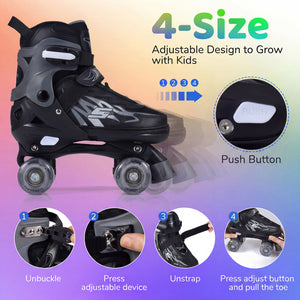 Kids Roller Skates for Girls Boys 4 Sizes Adjustable Quad Skates with Light-up Wheels for Outdoor-Black