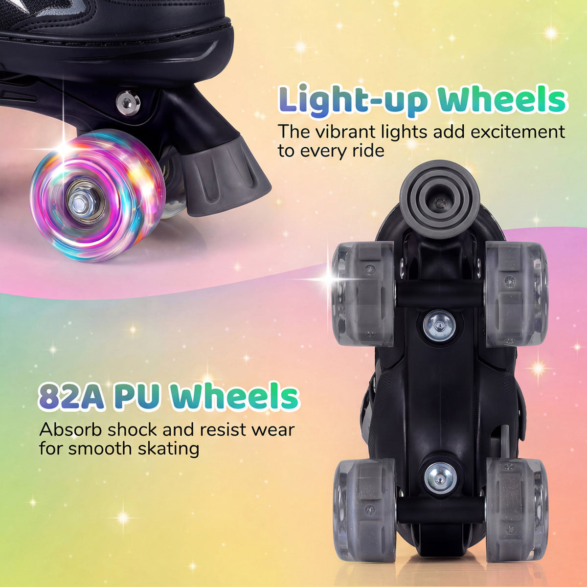 Kids Roller Skates for Girls Boys 4 Sizes Adjustable Quad Skates with Light-up Wheels for Outdoor-Black