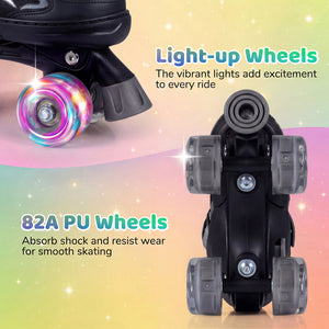 Kids Roller Skates for Girls Boys 4 Sizes Adjustable Quad Skates with Light-up Wheels for Outdoor-Black