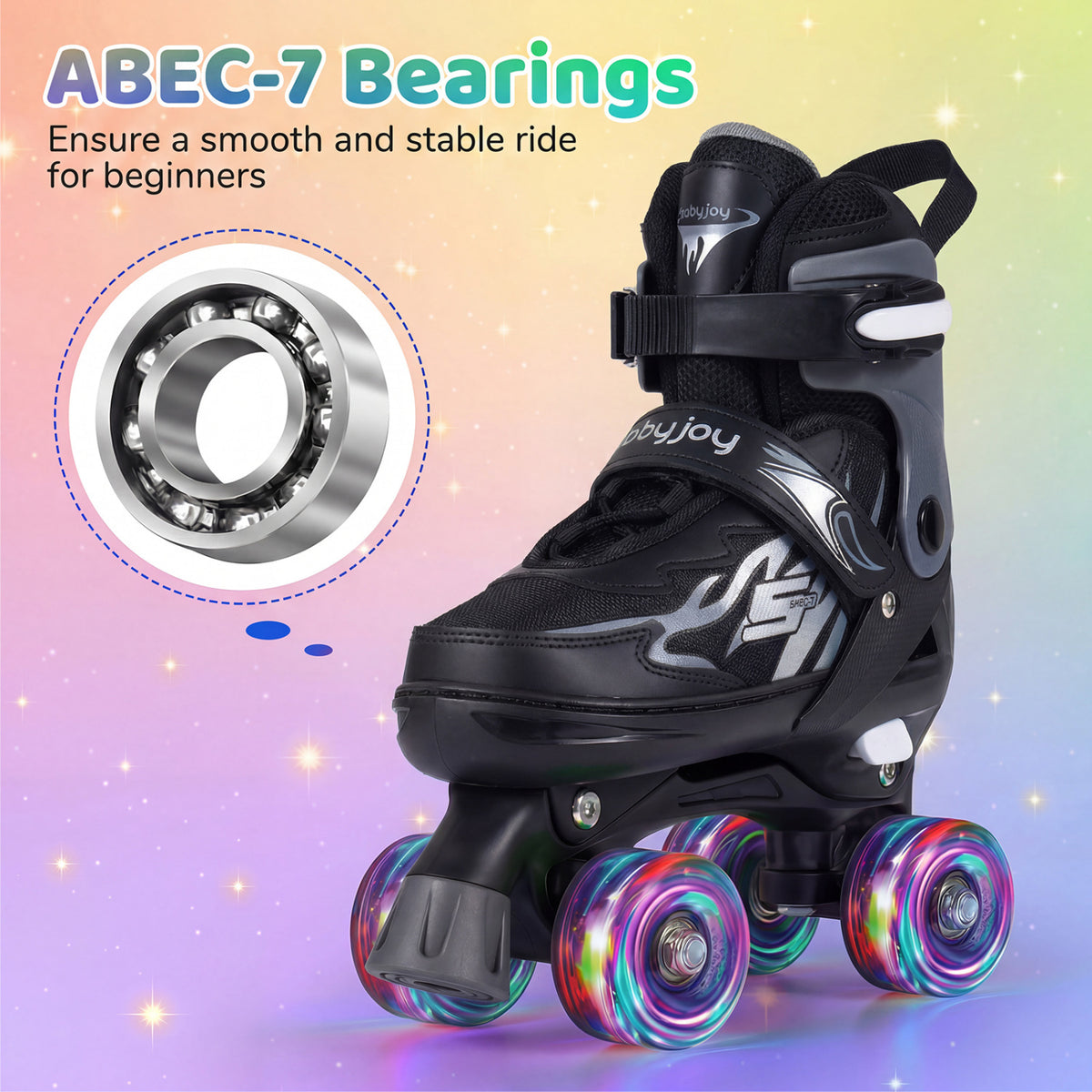Kids Roller Skates for Girls Boys 4 Sizes Adjustable Quad Skates with Light-up Wheels for Outdoor-Black