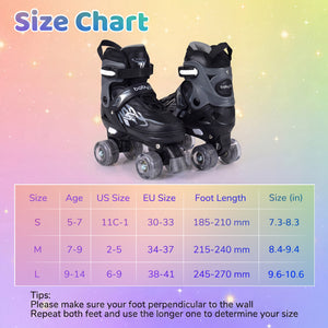 Kids Roller Skates for Girls Boys 4 Sizes Adjustable Quad Skates with Light-up Wheels for Outdoor-Black