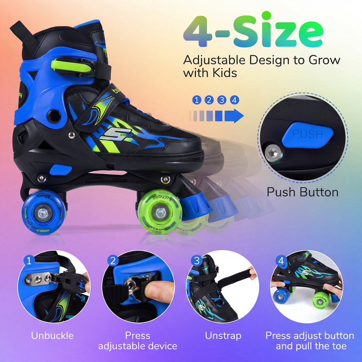 Kids Roller Skates for Girls Boys 4 Sizes Adjustable Quad Skates with Light-up Wheels for Outdoor-Navy