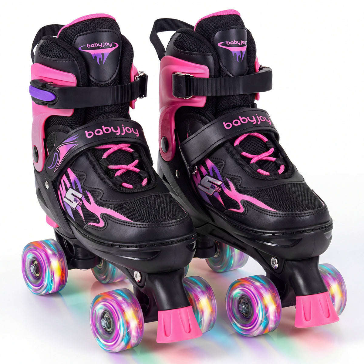 Kids Roller Skates for Girls Boys Teens 4 Sizes Adjustable Quad Skates with Light-up Wheels-Pink