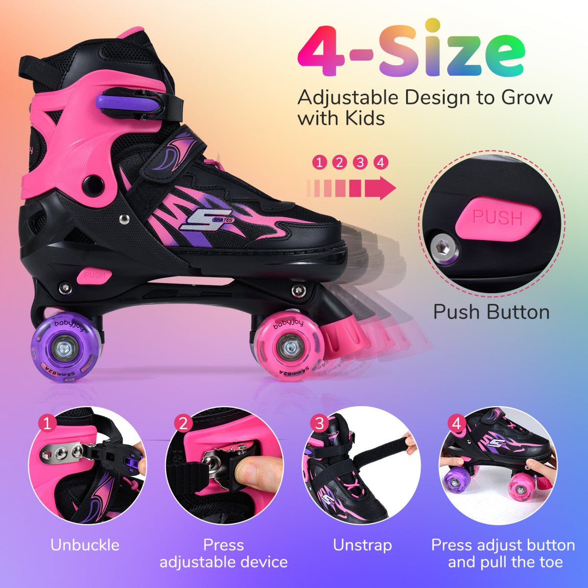 Kids Roller Skates for Girls Boys Teens 4 Sizes Adjustable Quad Skates with Light-up Wheels-Pink