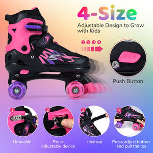 Kids Roller Skates for Girls Boys Teens 4 Sizes Adjustable Quad Skates with Light-up Wheels-Pink