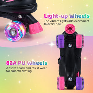 Kids Roller Skates for Girls Boys Teens 4 Sizes Adjustable Quad Skates with Light-up Wheels-Pink