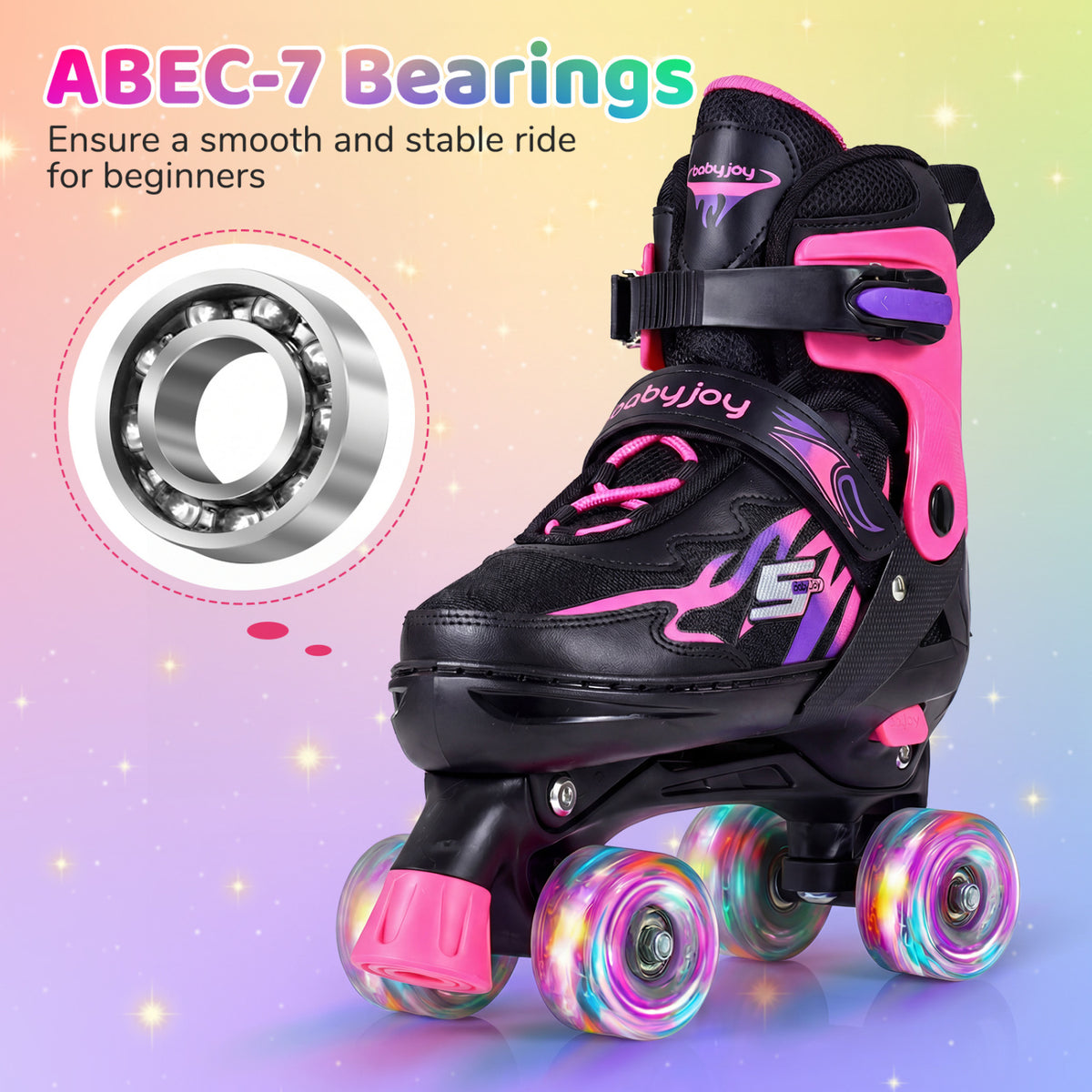 Kids Roller Skates for Girls Boys Teens 4 Sizes Adjustable Quad Skates with Light-up Wheels-Pink