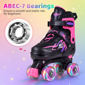 Kids Roller Skates for Girls Boys Teens 4 Sizes Adjustable Quad Skates with Light-up Wheels-Pink