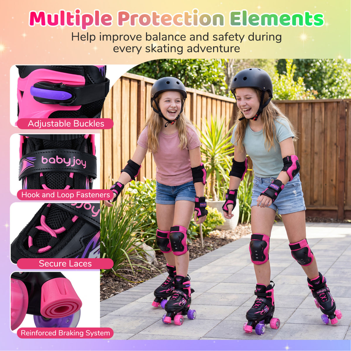 Kids Roller Skates for Girls Boys Teens 4 Sizes Adjustable Quad Skates with Light-up Wheels-Pink