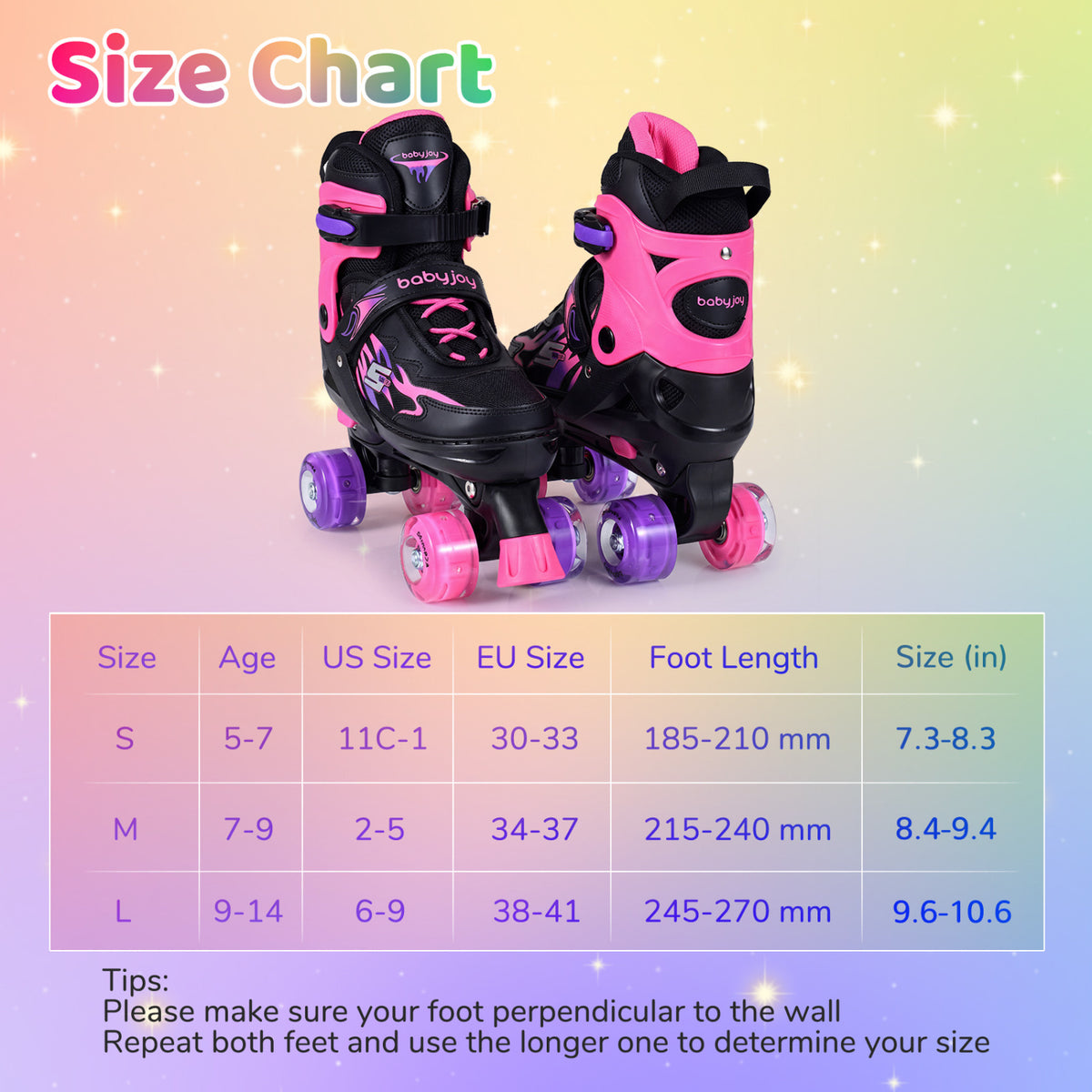 Kids Roller Skates for Girls Boys Teens 4 Sizes Adjustable Quad Skates with Light-up Wheels-Pink