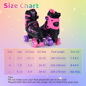 Kids Roller Skates for Girls Boys Teens 4 Sizes Adjustable Quad Skates with Light-up Wheels-Pink