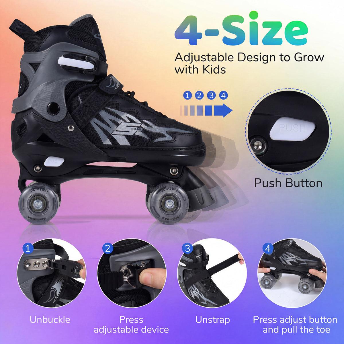 Kids Roller Skates for Girls Boys Teens 4 Sizes Adjustable Quad Skates with Light-up Wheels-Black